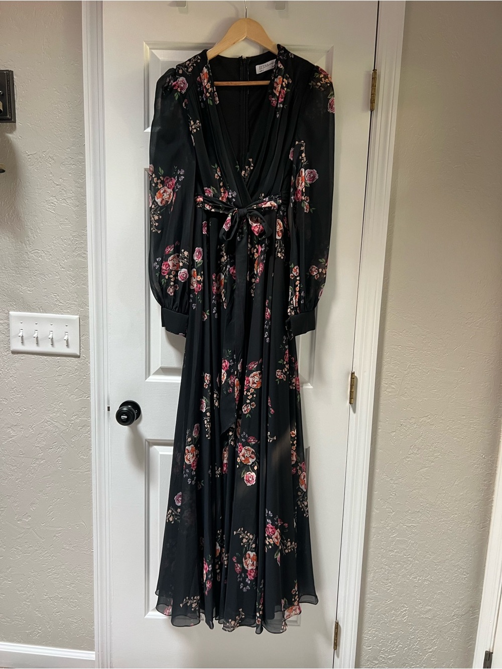 Mac Duggal Black Maxi Dress with Pink Floral Print and Tie Waist